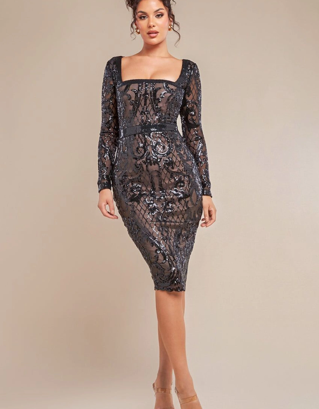 Sequin Square Neck Bodycon Midi Dress With Scalloped Hem, 2 of 1