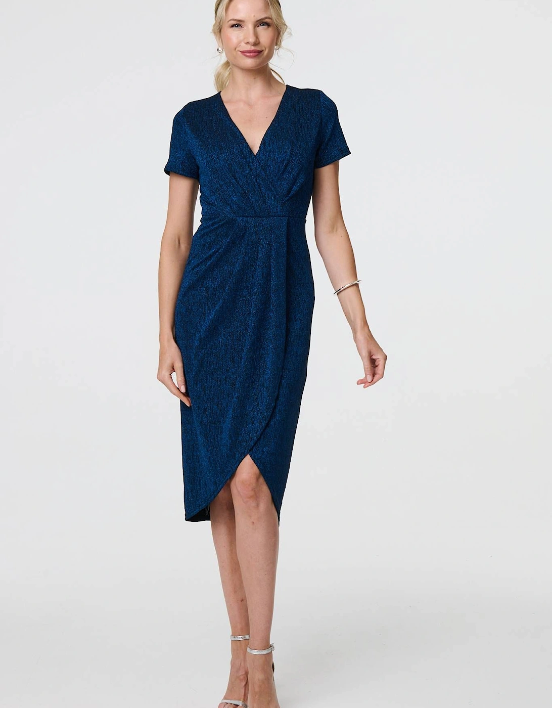 Sparkly Ruched Short Sleeve Midi Dress, 2 of 1
