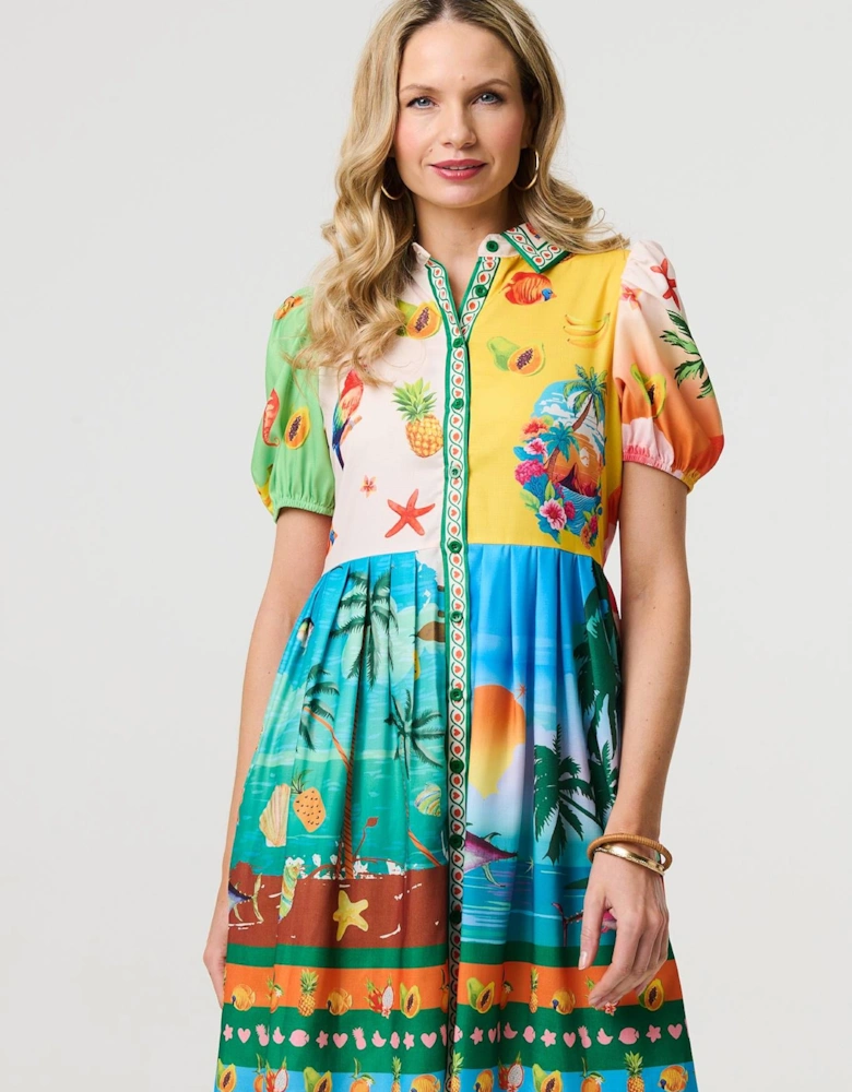 Printed Puff Sleeve Short Shirt Dress
