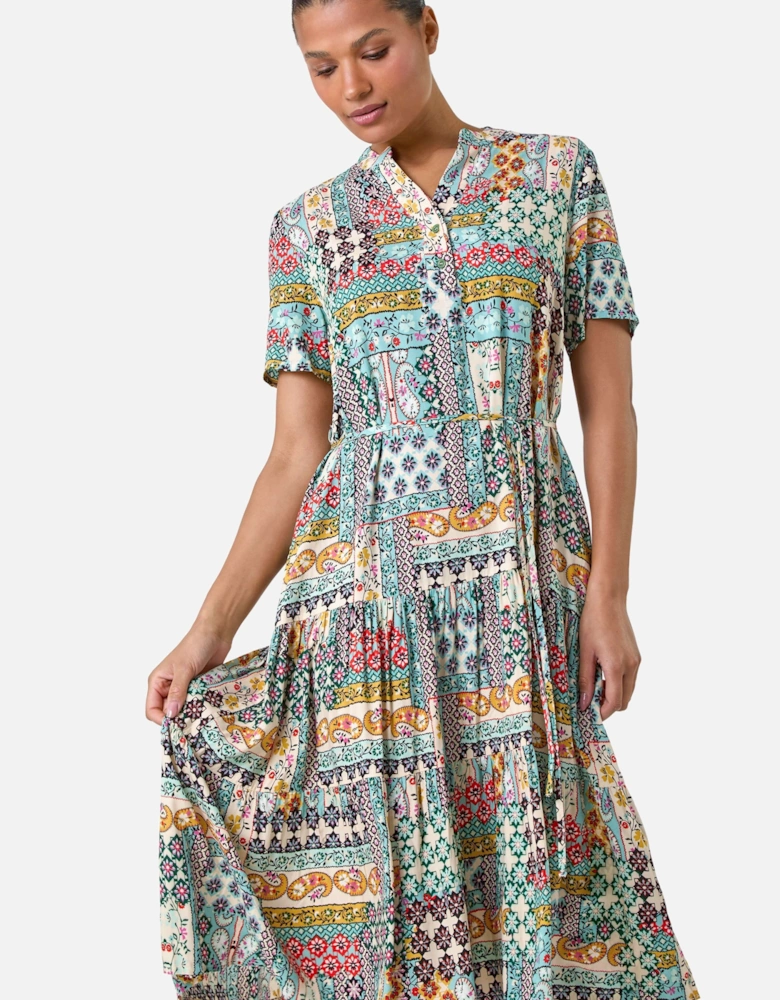Patchwork Print Pocket Tiered Shirt Dress