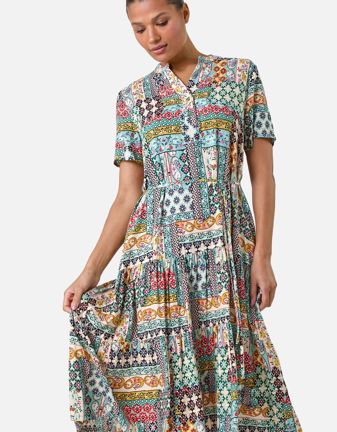 Patchwork Print Pocket Tiered Shirt Dress, 2 of 1