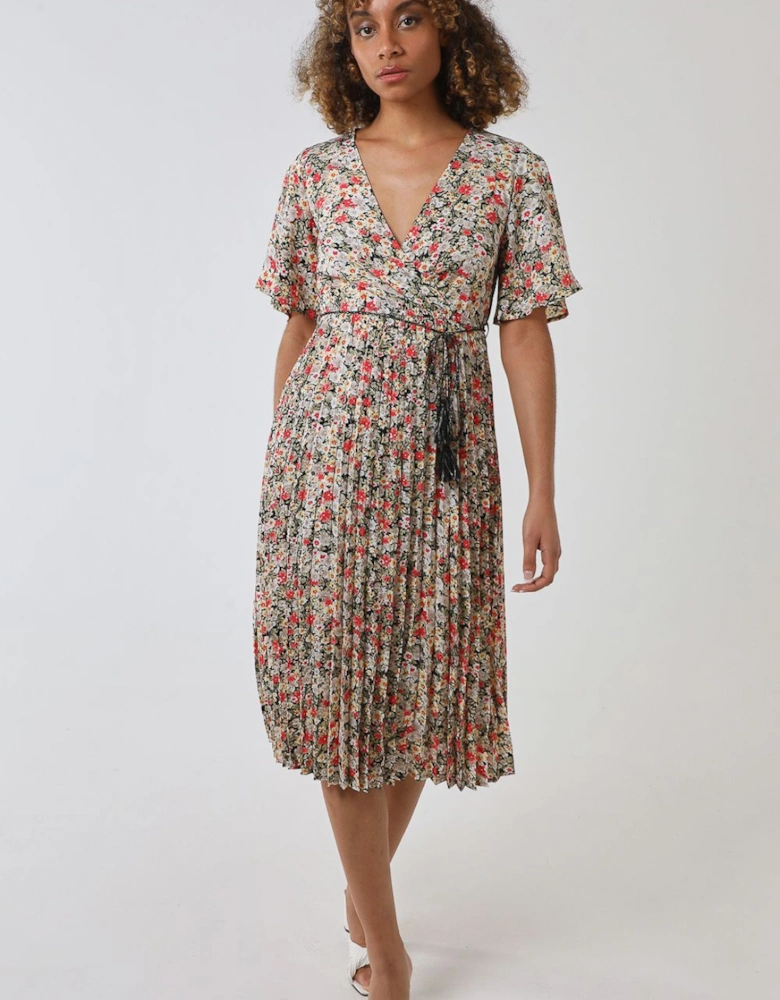 Wrap Front Pleated Hem Dress With Angel Sleeves