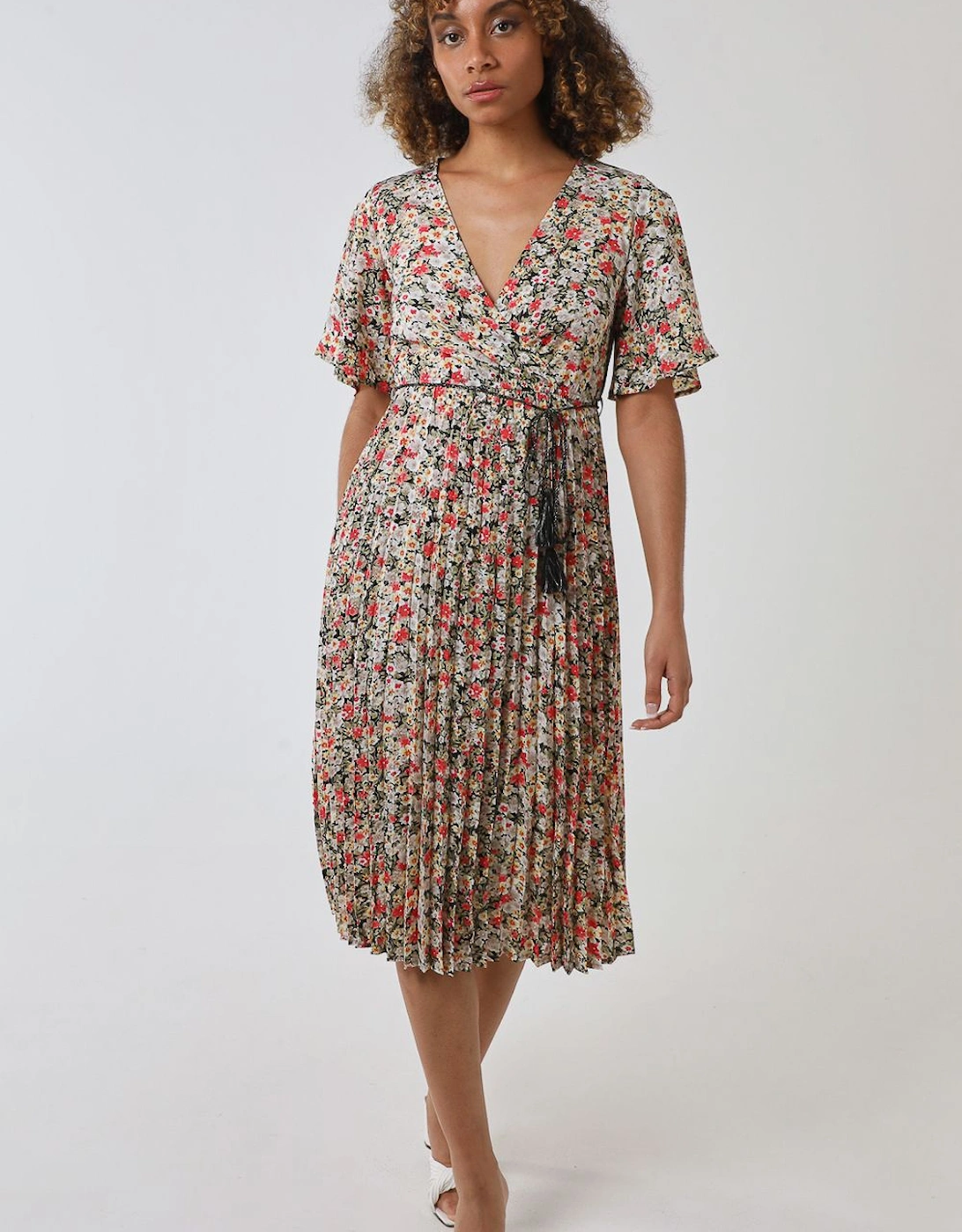 Wrap Front Pleated Hem Dress With Angel Sleeves, 2 of 1