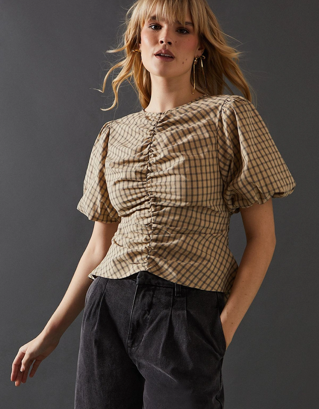 Check Ruched Front Puff Sleeve Top, 2 of 1