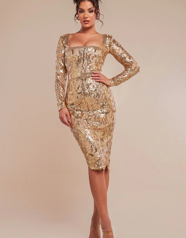 Sequin Square Neck Bodycon Midi Dress With Scalloped Hem