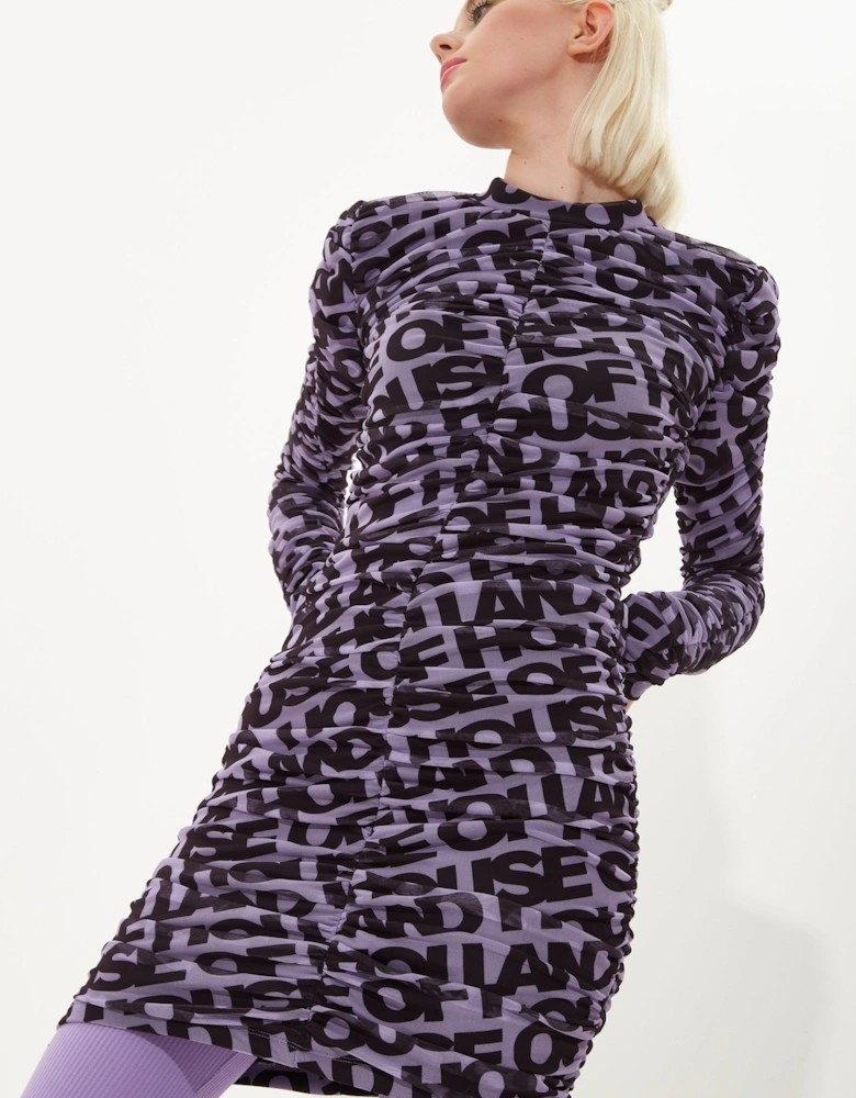 Rouched Mesh Long Sleeve Printed Mini Dress In Purple And Black