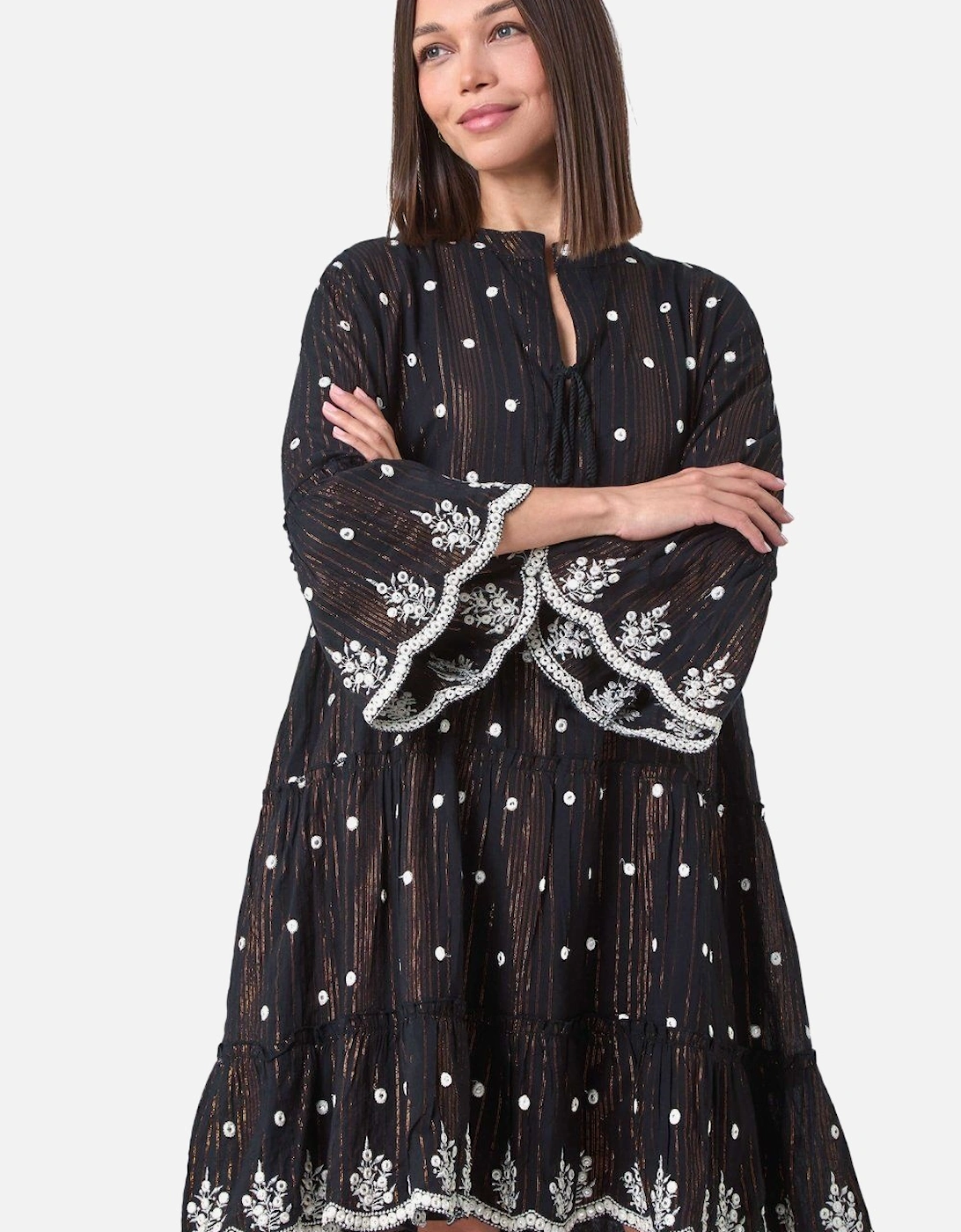 Mirrored Shimmer Detail Cotton Smock Dress, 2 of 1