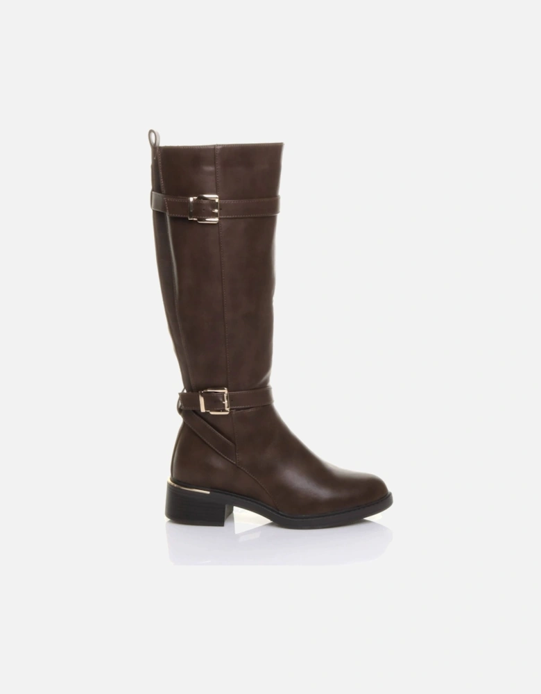 Low  Heel Strecthy Elastic Zip Calf Biker  Knee High Boots
