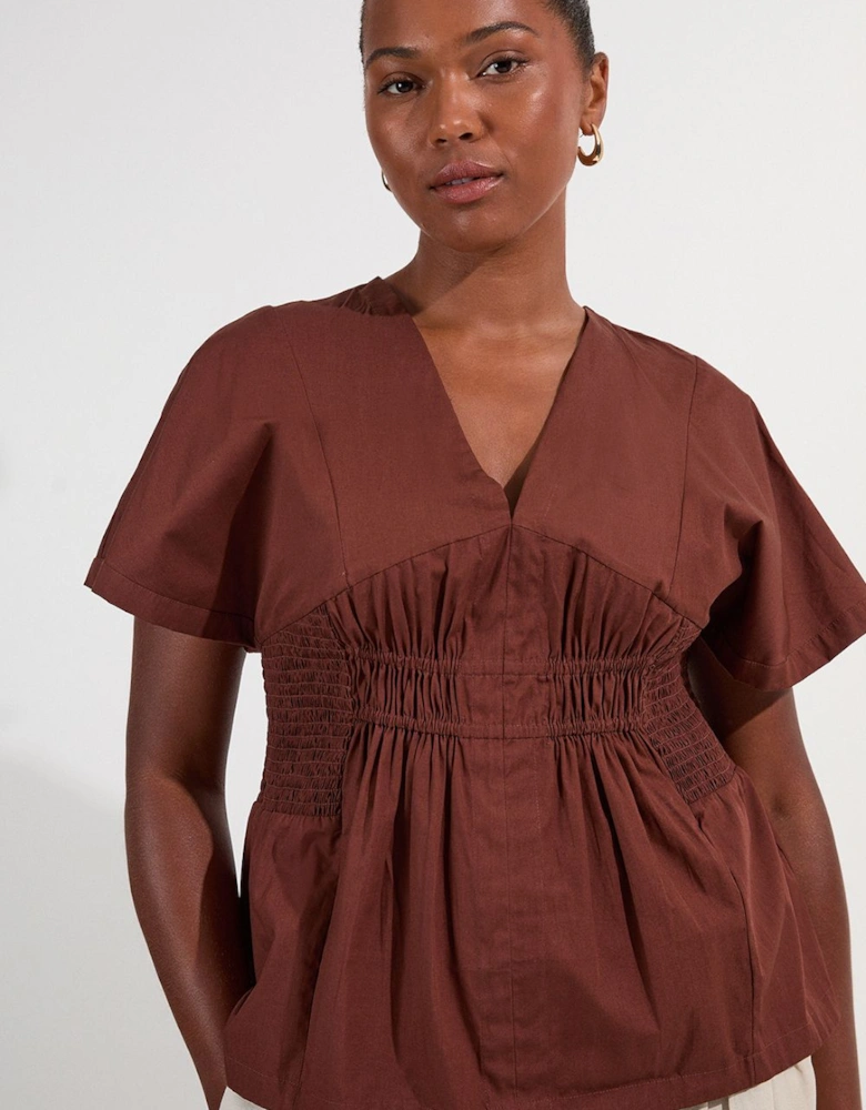 Plus Size Shirred Cotton Woven Plunge Neck Short Sleeve Top