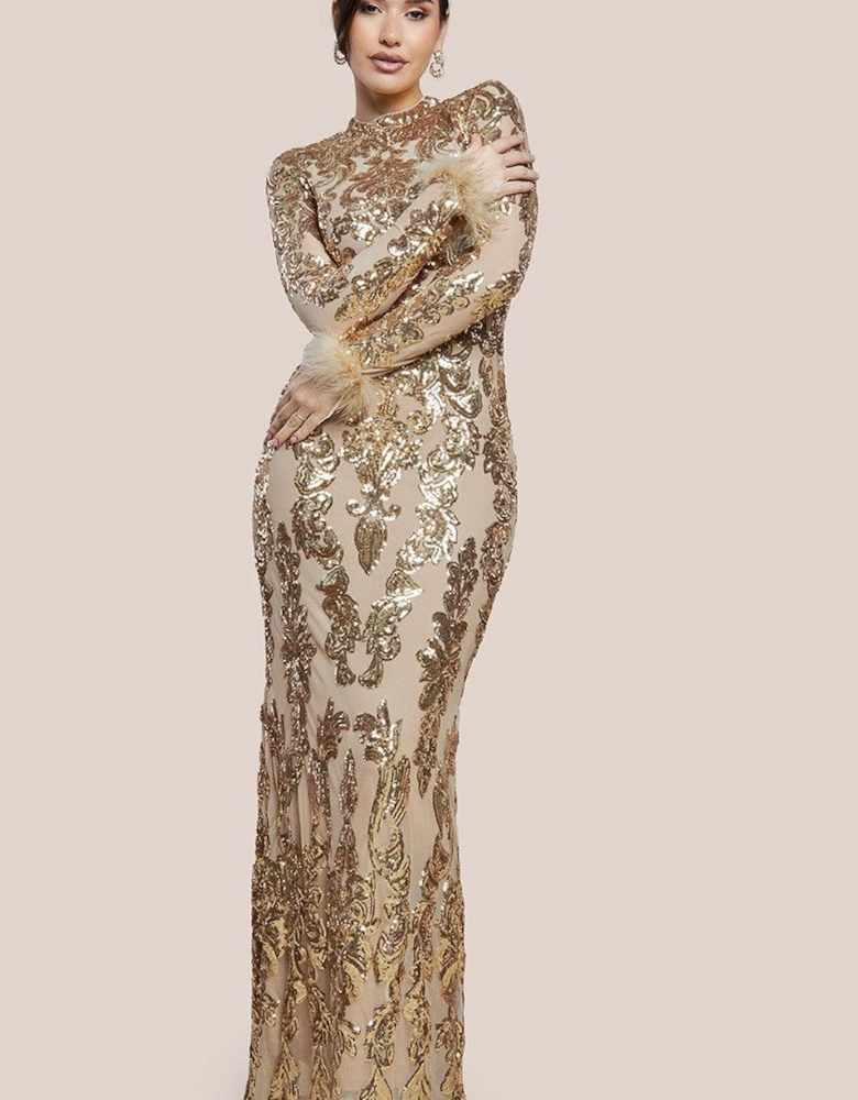 Sequin High Neck Feather Cuff Maxi Dress