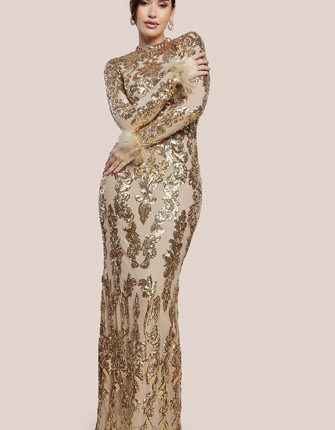 Sequin High Neck Feather Cuff Maxi Dress, 2 of 1