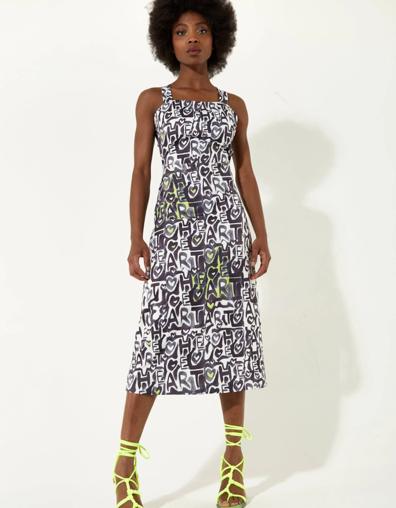 Abstract Print Midi Dress With An Open Crossed Back Detail