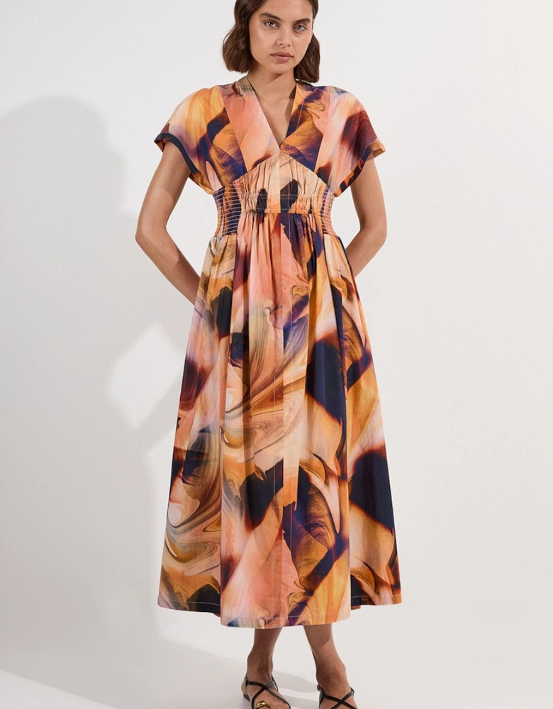 Shirred Cotton Printed Woven Plunge Neck Short Sleeve Maxi Dress