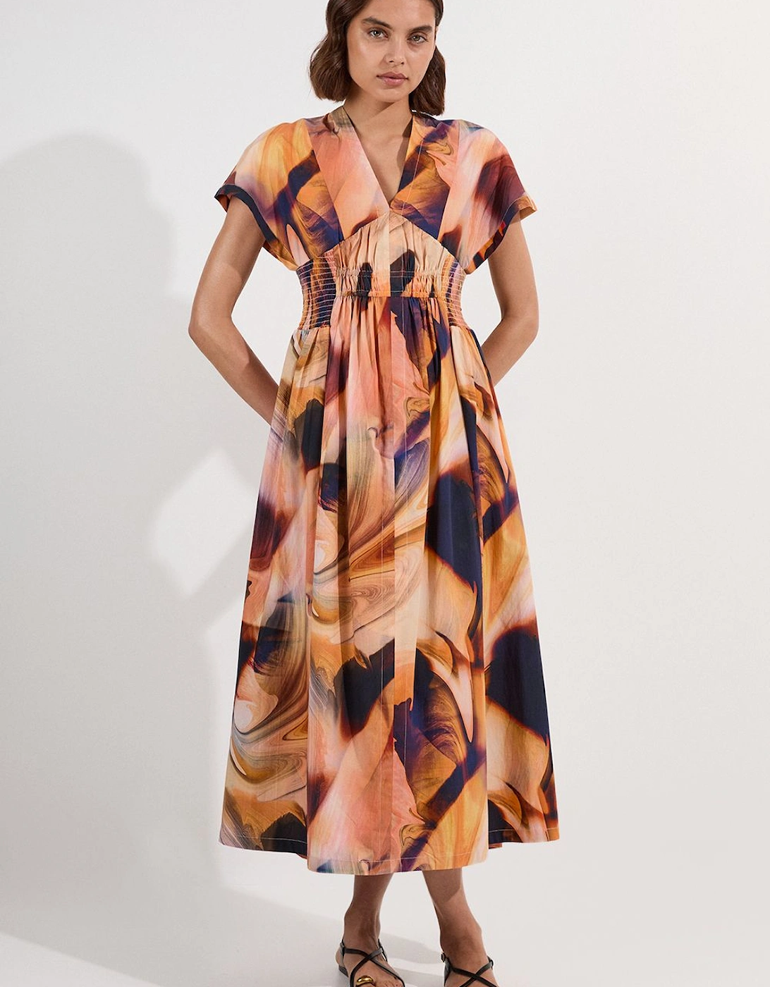 Shirred Cotton Printed Woven Plunge Neck Short Sleeve Maxi Dress, 2 of 1