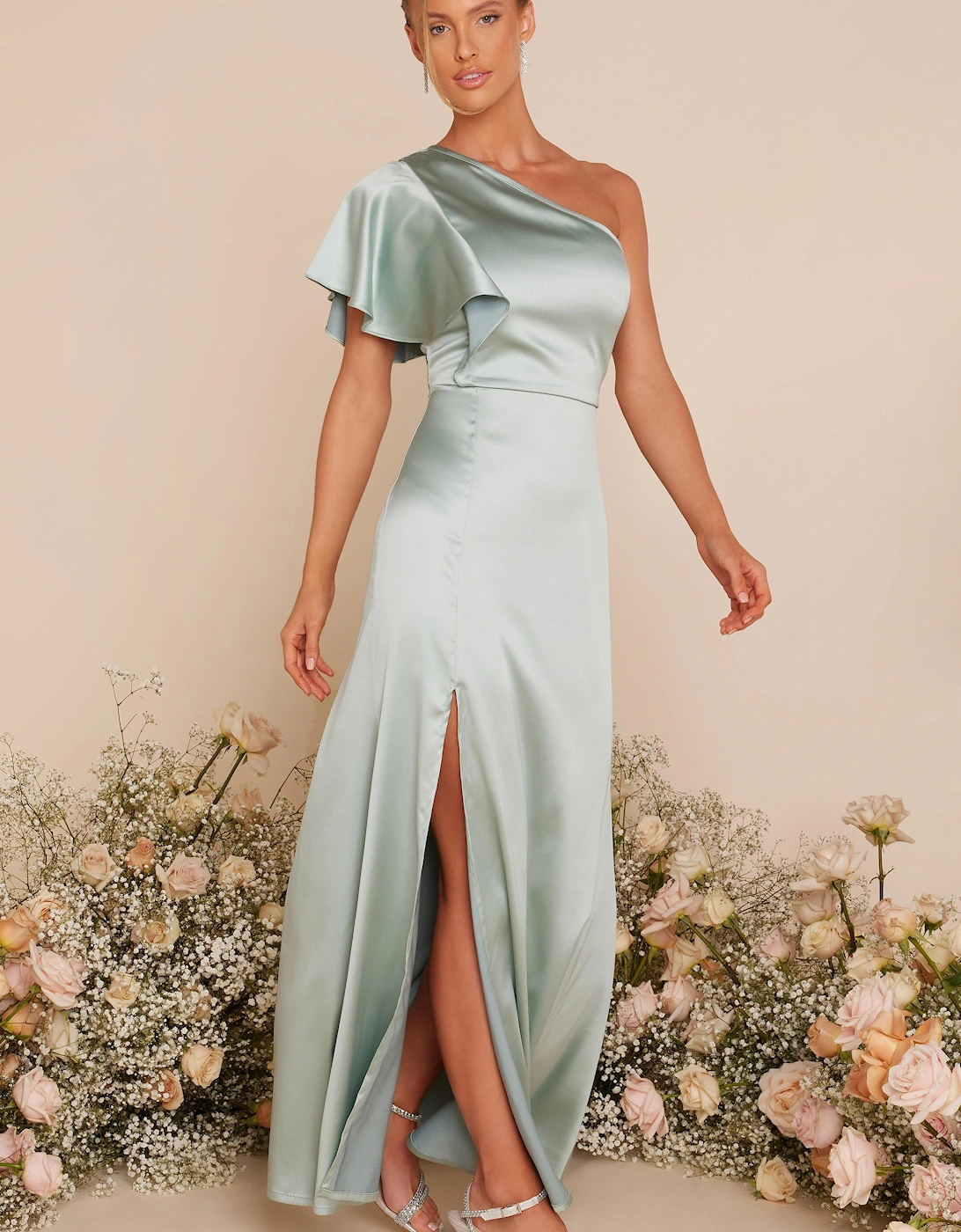 Green Satin One Shoulder Maxi Dress, 2 of 1