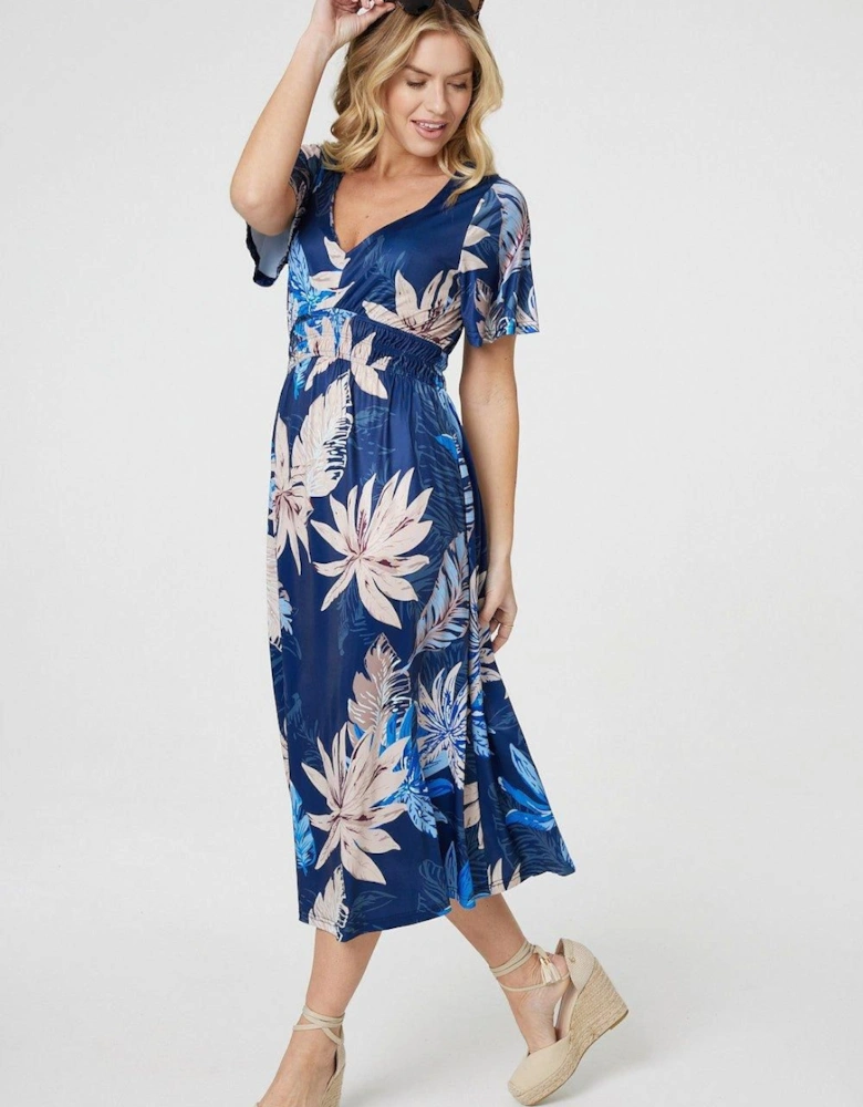 Leaf Print Empire Waist Midi Dress