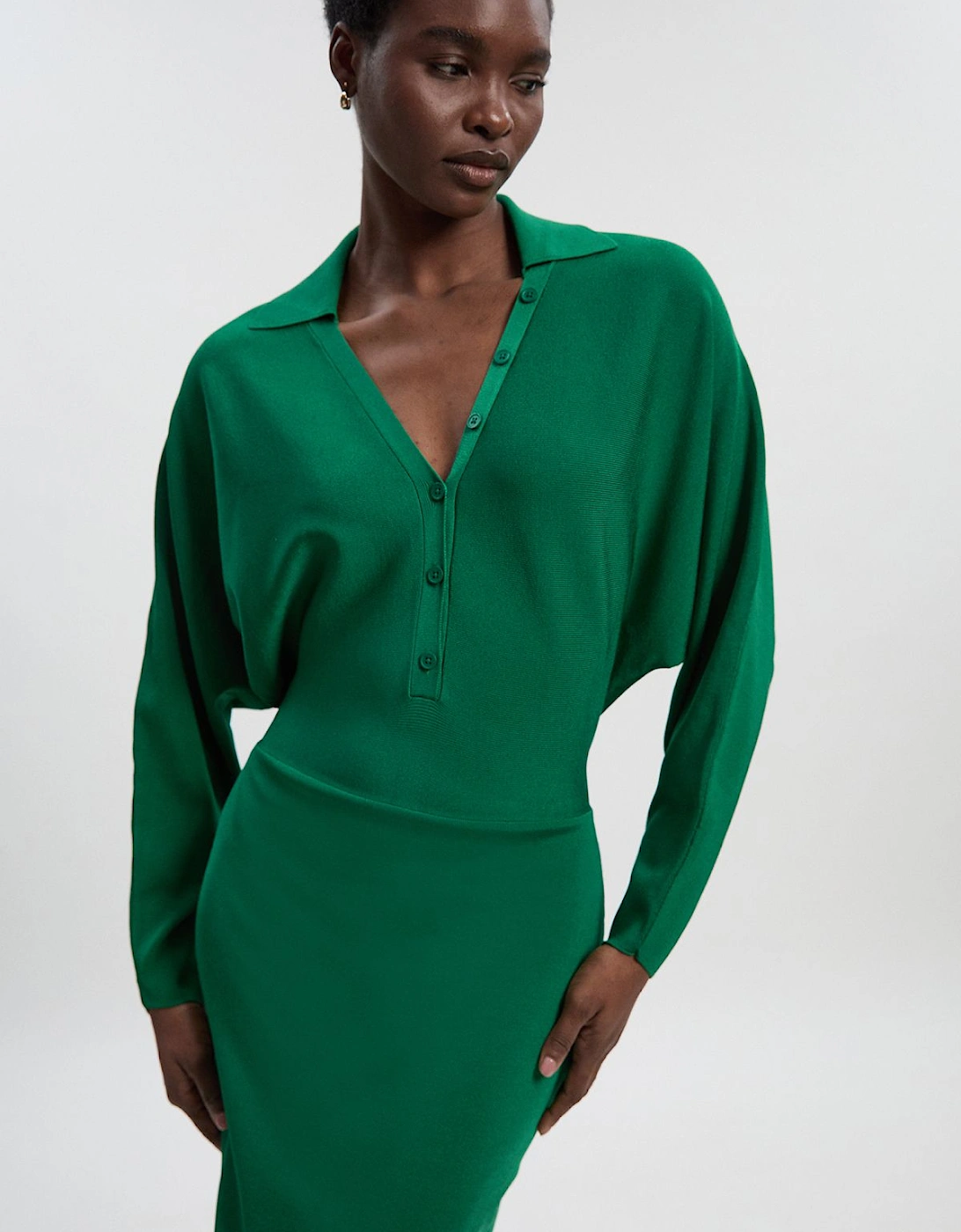 Petite Viscose Blend Slinky Batwing Button Neck Knit Midi Dress, 2 of 1