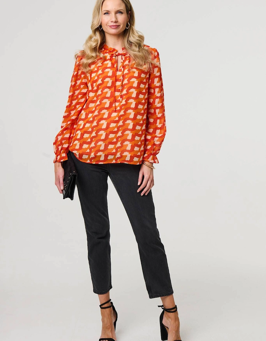 Printed Tie Neck Long Sleeve Blouse, 2 of 1