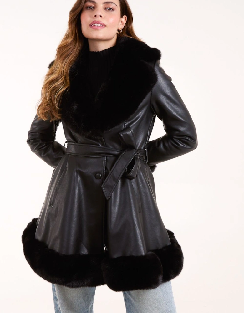 Fur Trimmed Belted Coat