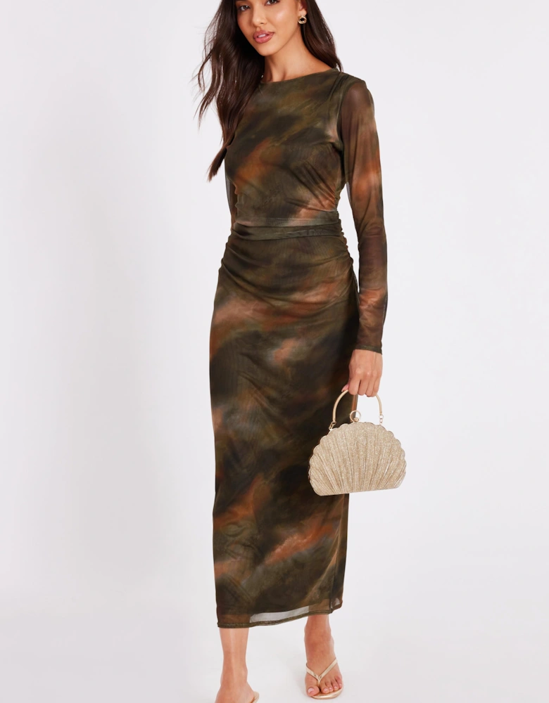 Khaki Printed Long Sleeve Midaxi Dress
