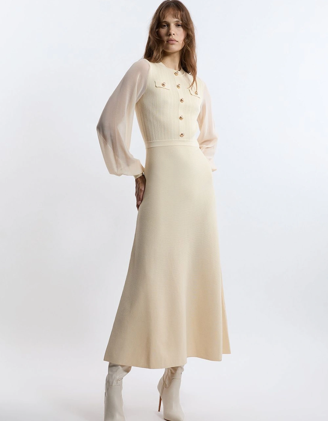 Viscose Blend Maxi Knit Dress With Chiffon Sleeve Military Trim, 2 of 1