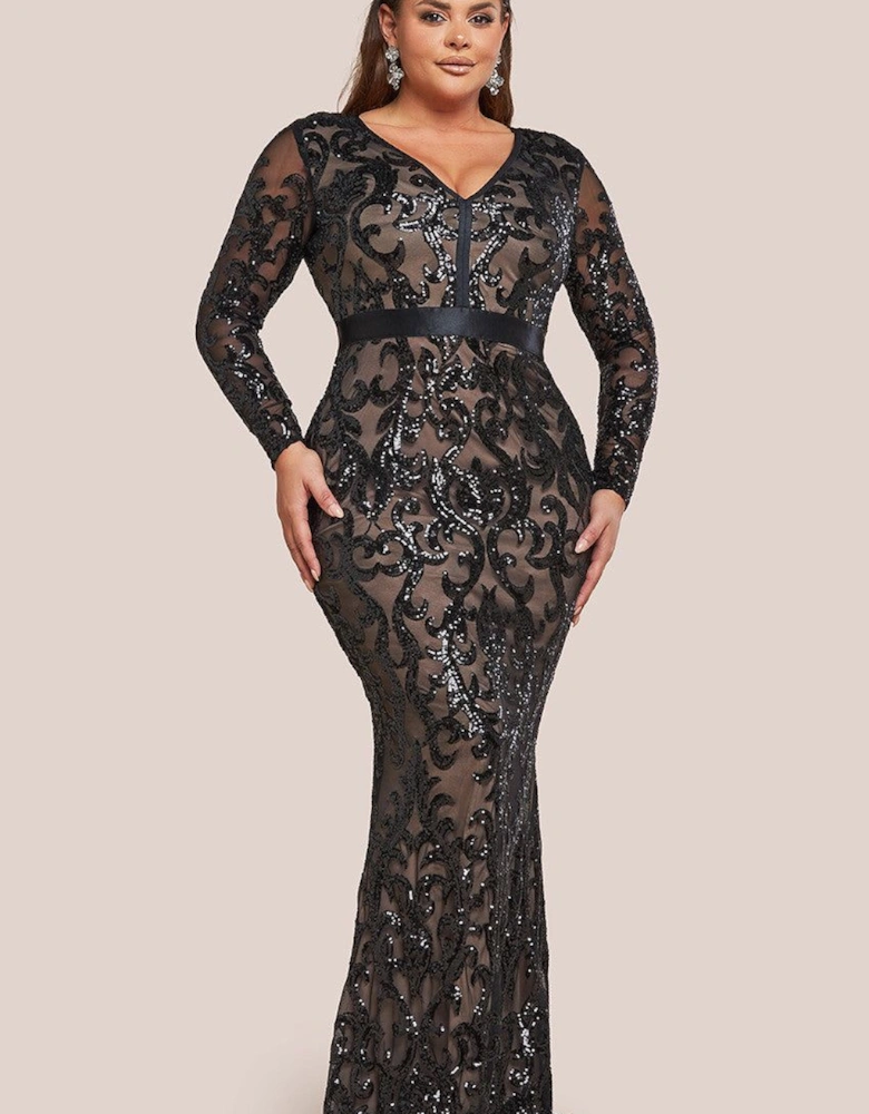 Embroidered Sequin & Mesh Maxi Dress