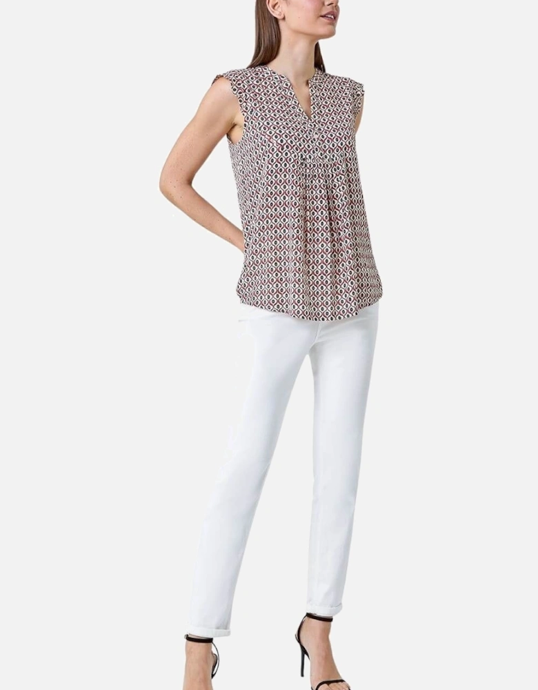 Geometric Print Frill Blouse