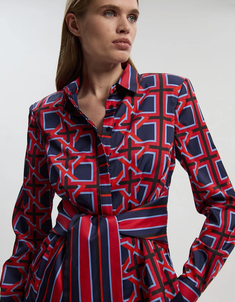 Geo Print Hammered Satin Tie Waist Woven Shirt