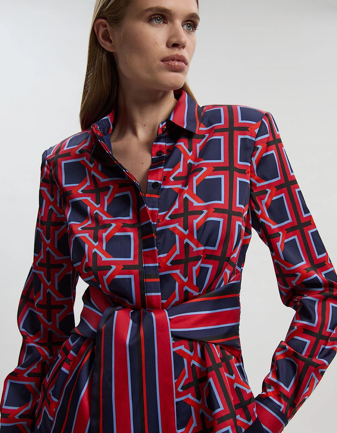 Geo Print Hammered Satin Tie Waist Woven Shirt, 2 of 1