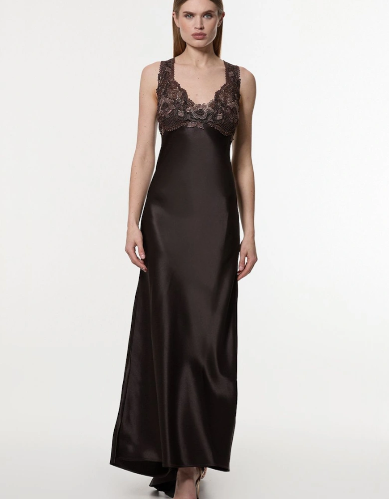 Tall Satin Guipure Lace Woven Maxi Slip Dress