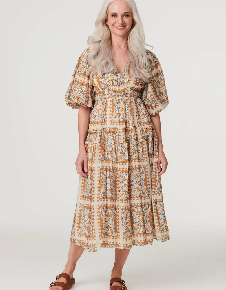 Printed Puff 1/2 Sleeve Midi Dress