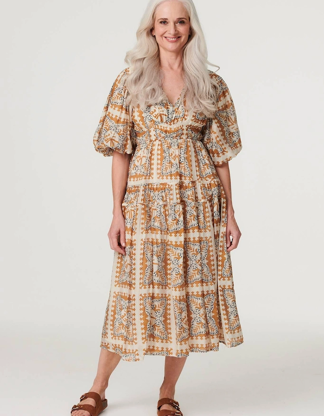 Printed Puff 1/2 Sleeve Midi Dress, 2 of 1