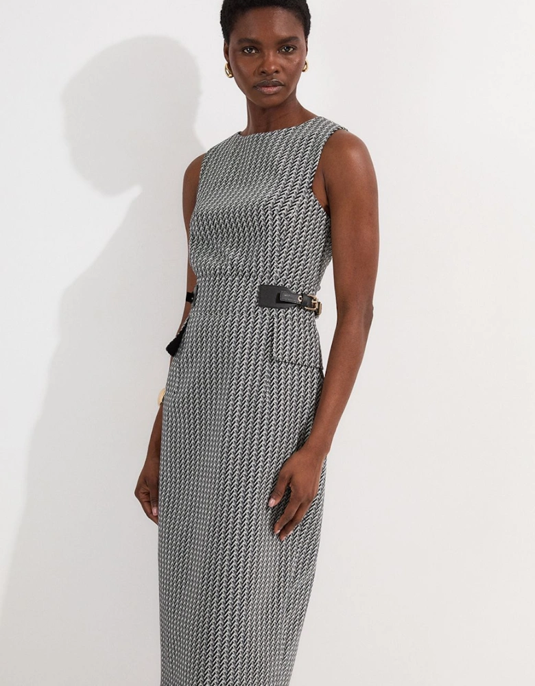 Jacquard Tab Waist Detail Tailored Midi Dress