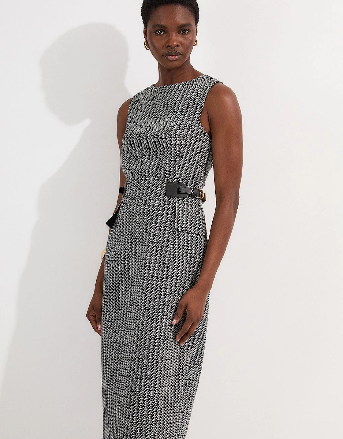 Jacquard Tab Waist Detail Tailored Midi Dress, 2 of 1