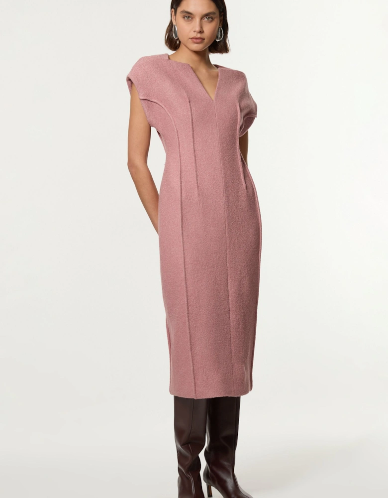 Textured Wool Blend Darted Tailored Midi Dress