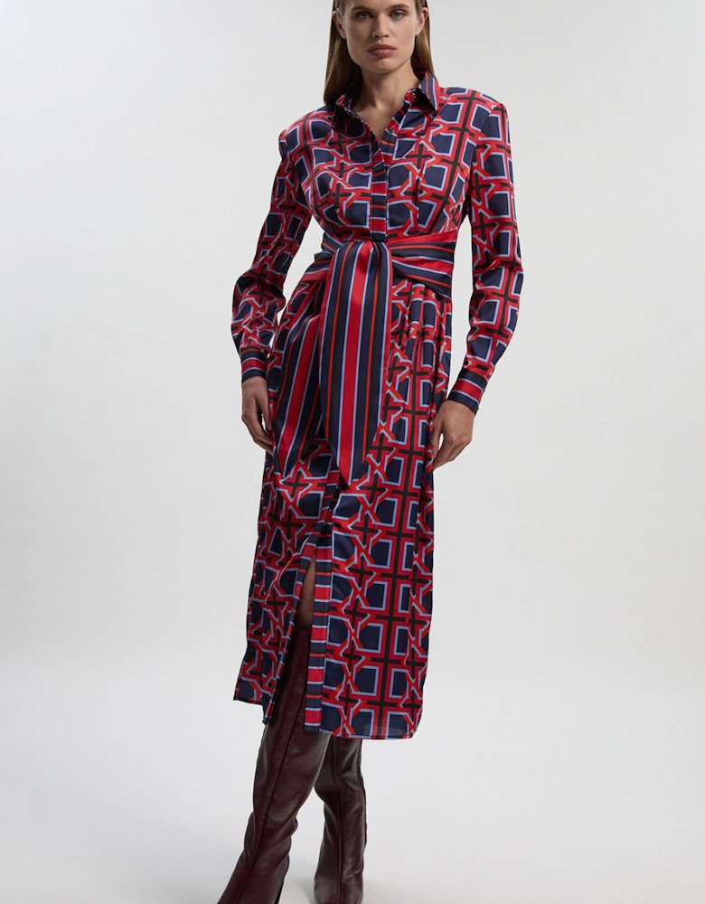Geo Print Hammered Satin Tie Waist Woven Midi Dress