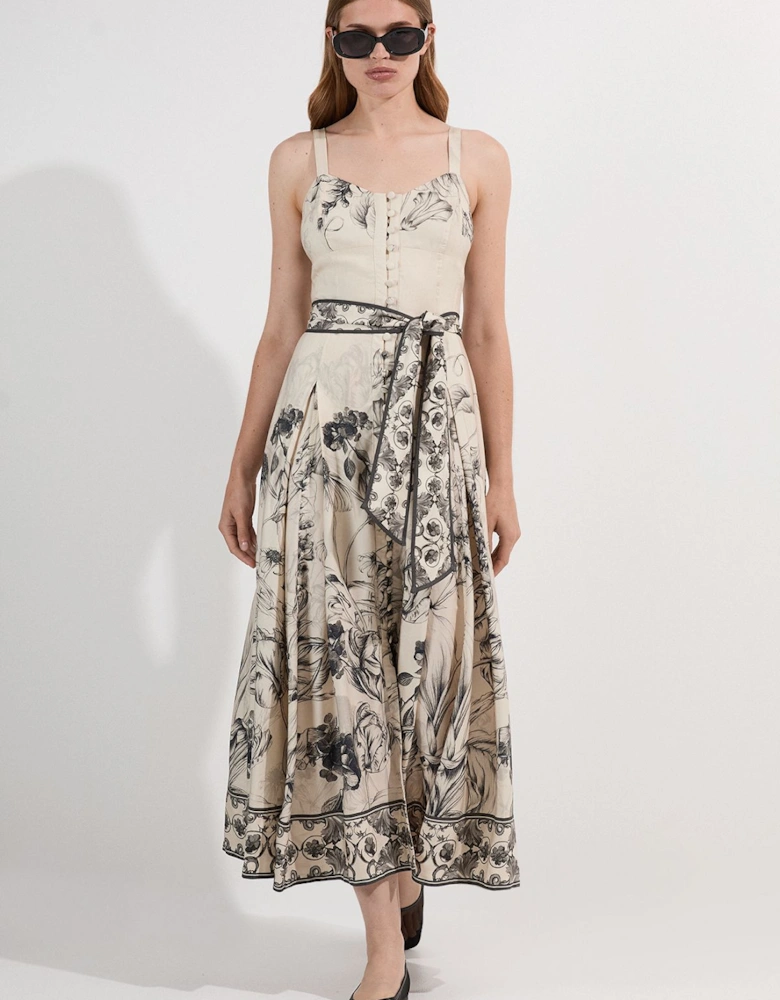Viscose Linen Scenic Placed Print Strappy Woven Midi Dress