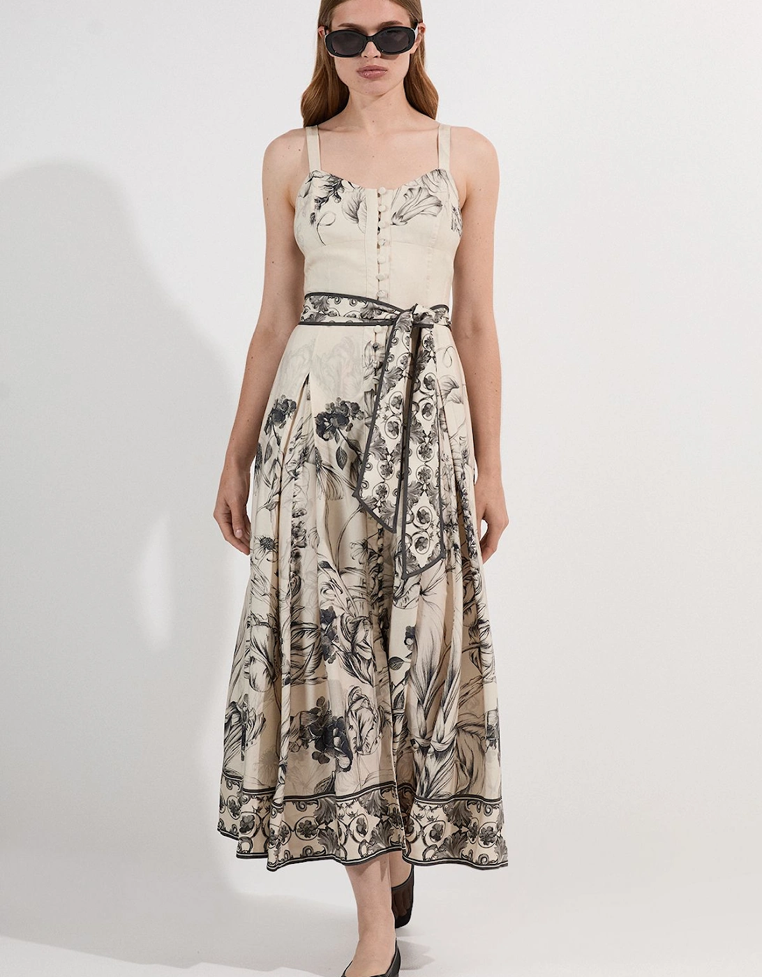 Viscose Linen Scenic Placed Print Strappy Woven Midi Dress, 2 of 1