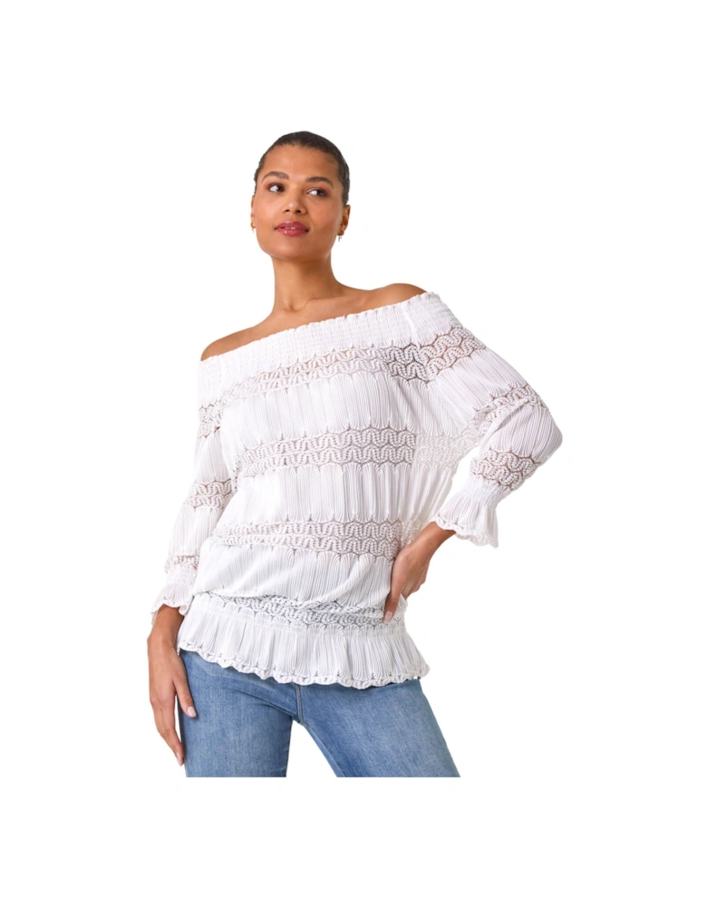 Lace Insert Frill Bardot Top