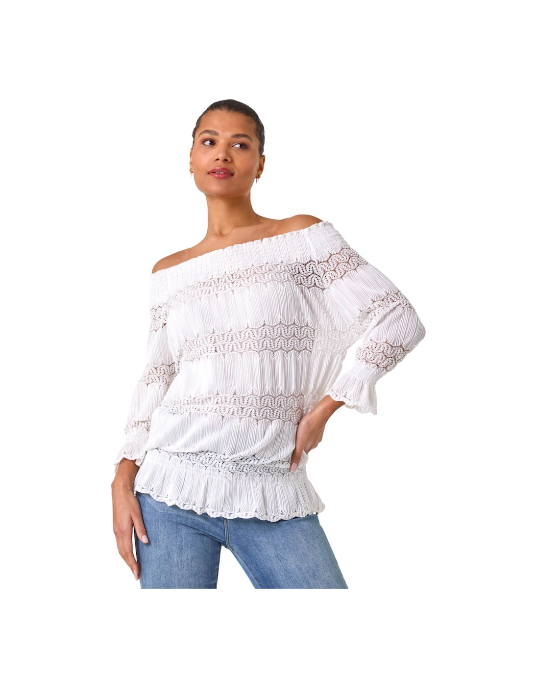 Lace Insert Frill Bardot Top, 2 of 1