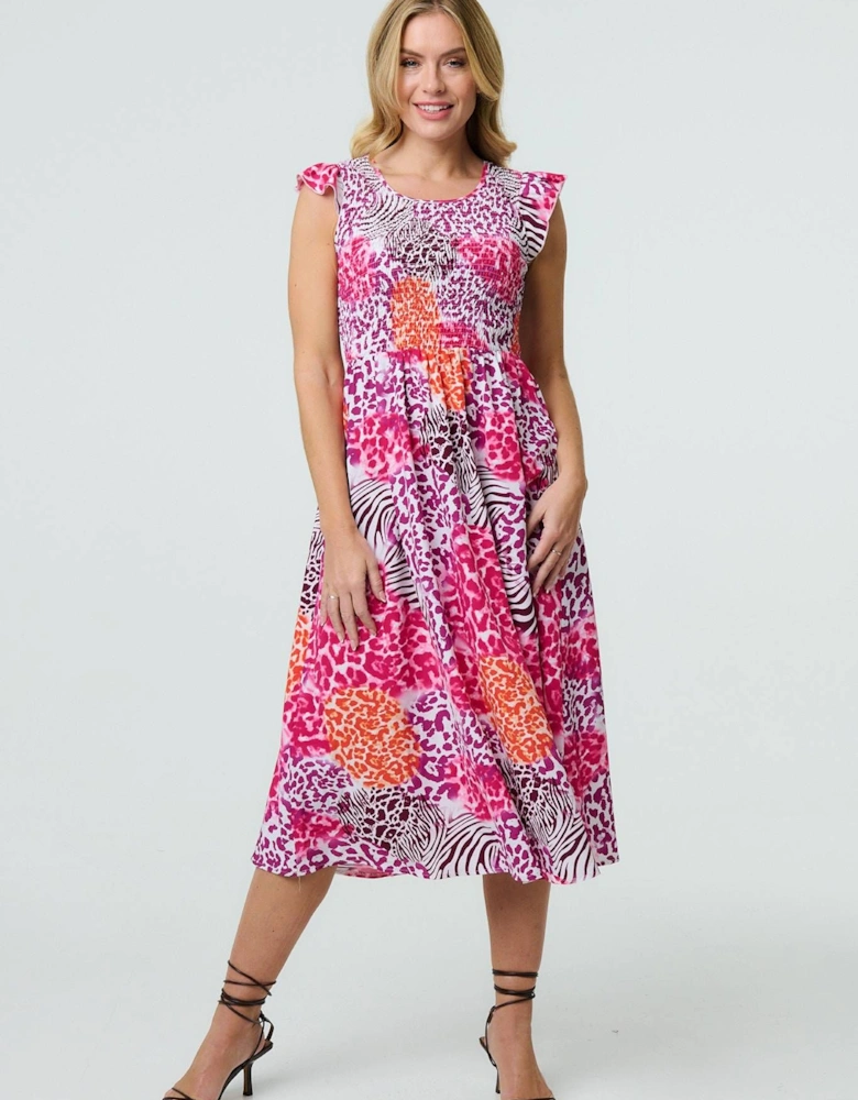 Animal Print Cap Sleeve Smocked Midi Dress