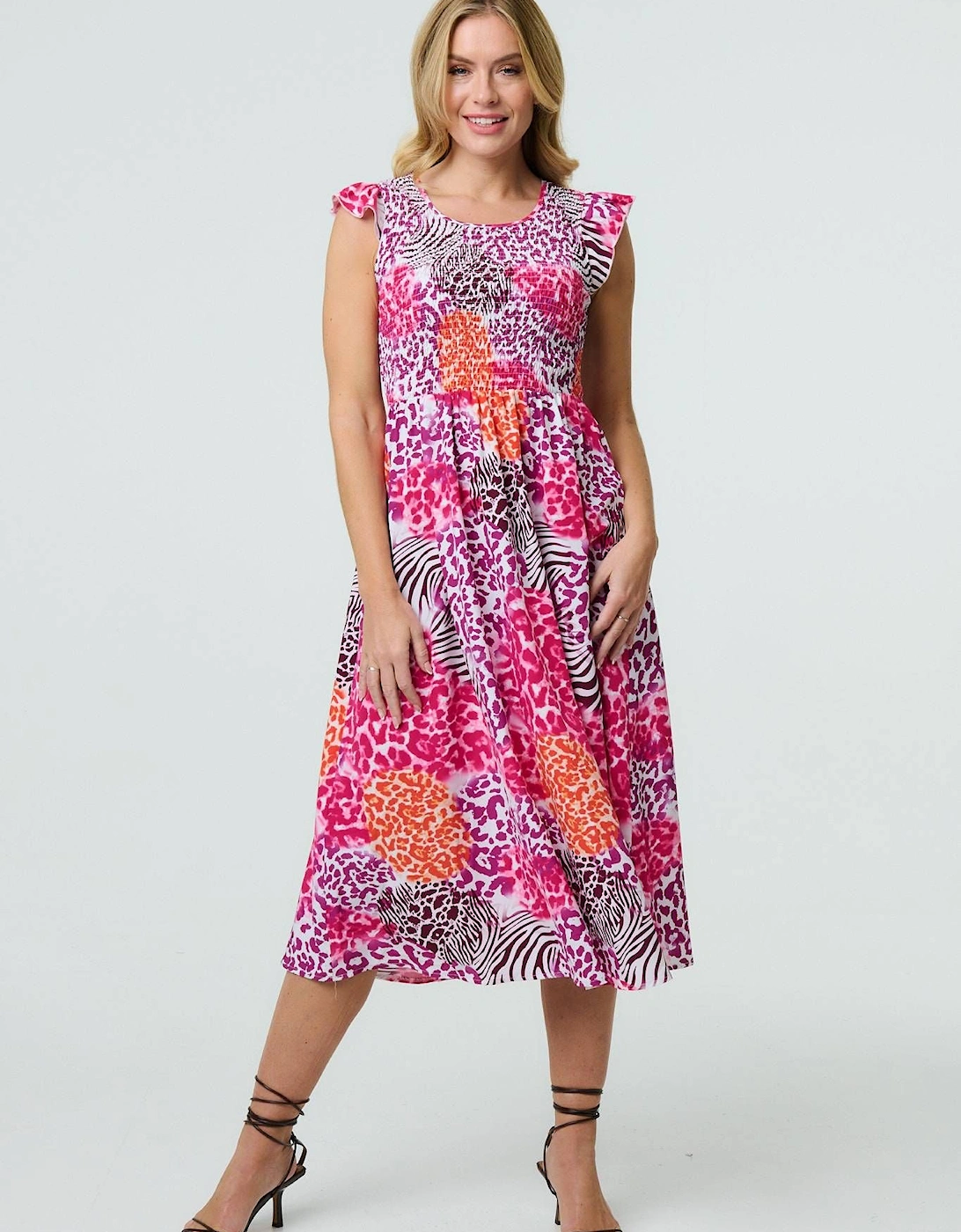 Animal Print Cap Sleeve Smocked Midi Dress, 2 of 1