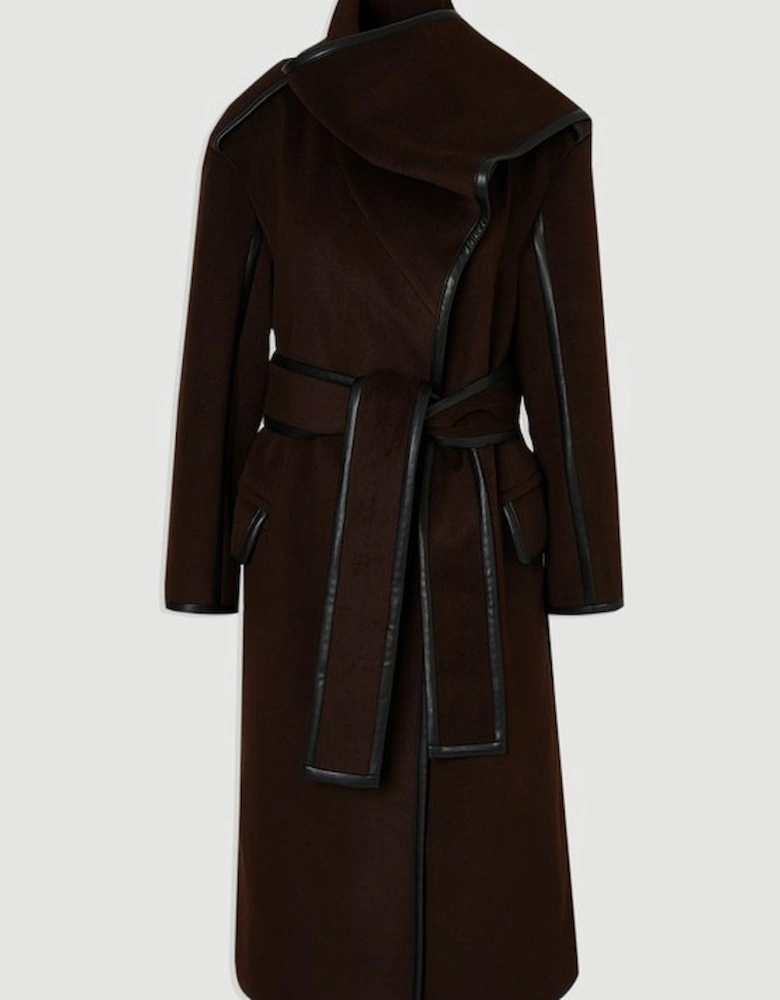 Brushed Wool Pu Mix Scarf Neck Belted Tailored Maxi Coat