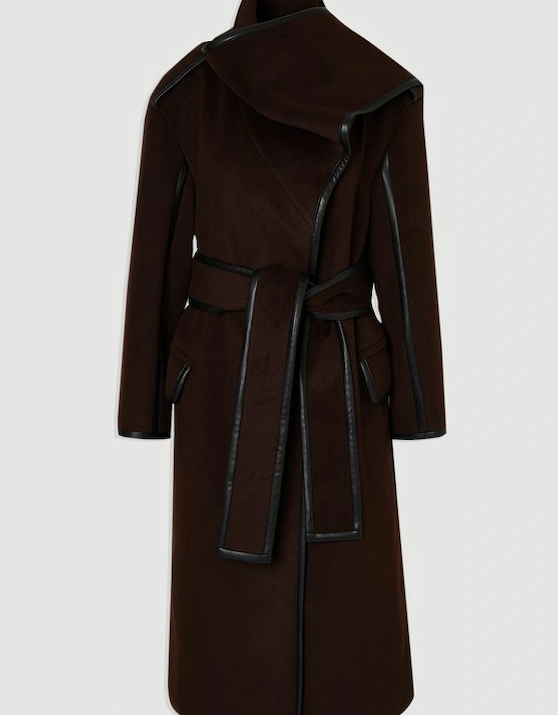 Brushed Wool Pu Mix Scarf Neck Belted Tailored Maxi Coat