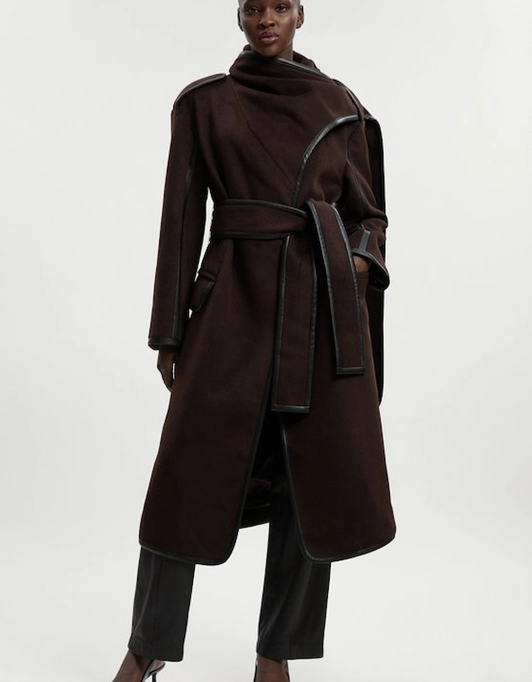 Brushed Wool Pu Mix Scarf Neck Belted Tailored Maxi Coat