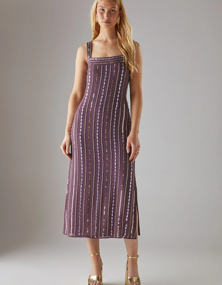 Hand Embellished Sequin Square Neck Strappy Midi Dress