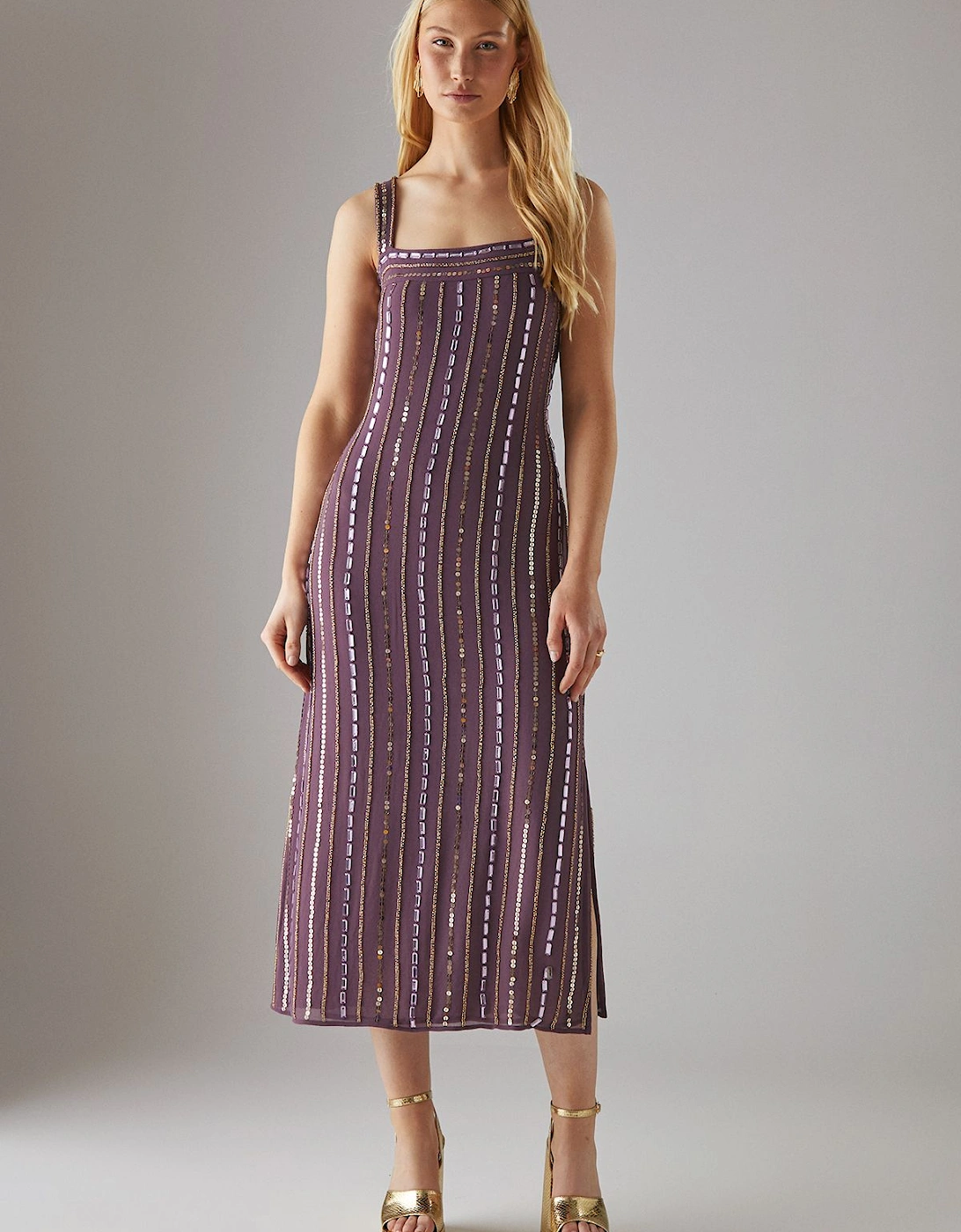 Hand Embellished Sequin Square Neck Strappy Midi Dress, 2 of 1