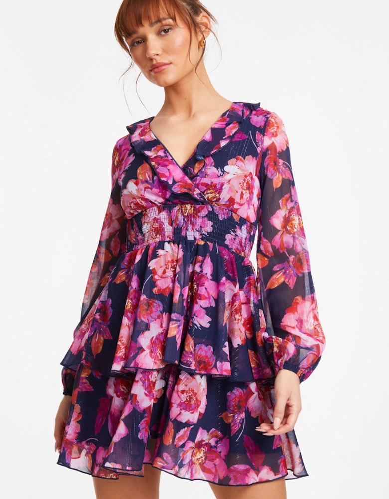 Blue Chiffon Floral Tiered Skater Mini Dress