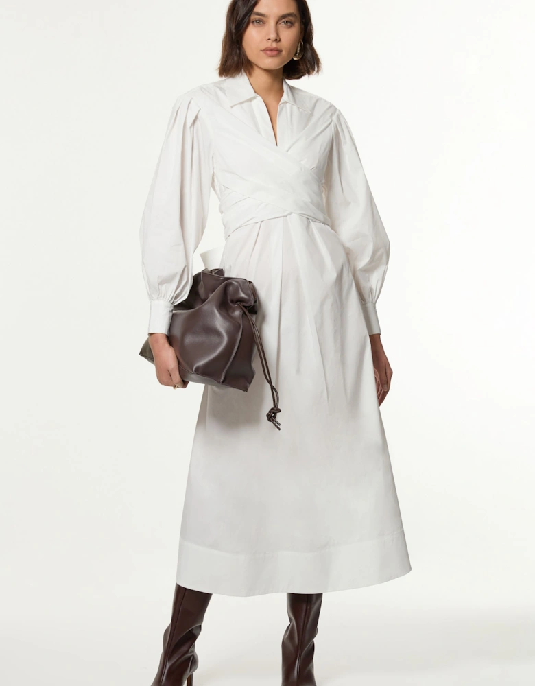 Cotton Poplin Drama Sleeve Woven Wrap Detail Shirt Dress