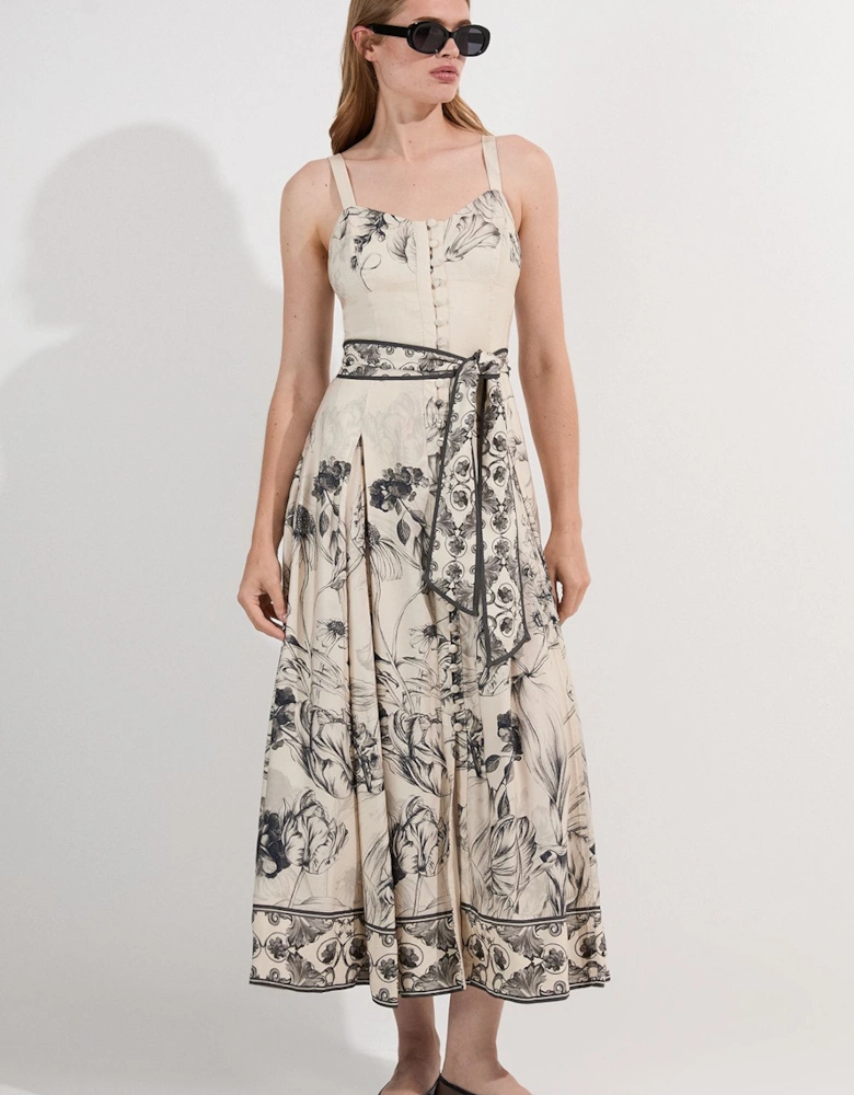 Petite Viscose Linen Scenic Placed Print Strappy Woven Midi Dress